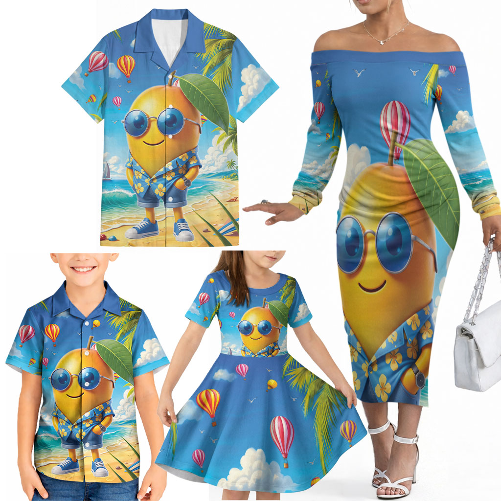 Funny Hawaii Mango Family Matching Off The Shoulder Long Sleeve Dress and Hawaiian Shirt Tropical Summer Beach Mascot Vacation