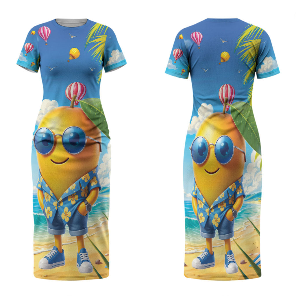 Funny Hawaii Mango Family Matching Short Sleeve Bodycon Dress and Hawaiian Shirt Tropical Summer Beach Mascot Vacation