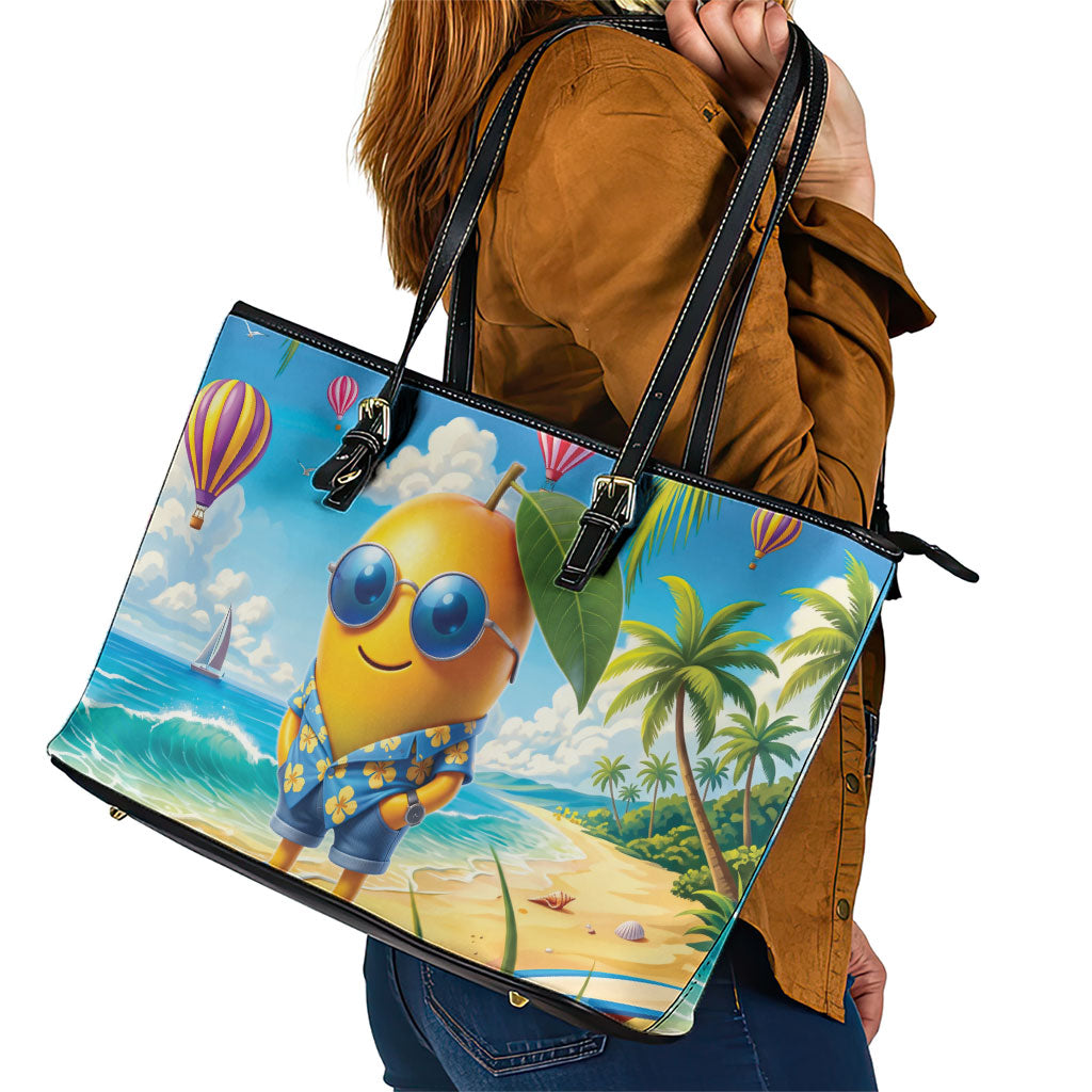 Funny Hawaii Mango Leather Tote Bag Tropical Summer Beach Mascot Vacation