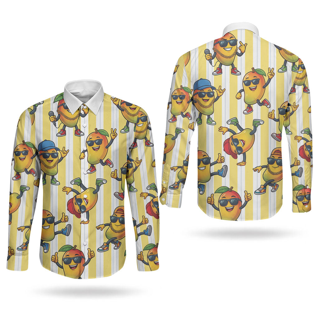 Funny Hawaii Mango Hip Hop Cartoon Couples Matching Off Shoulder Maxi Dress and Long Sleeve Button Shirt Summer Beach Party