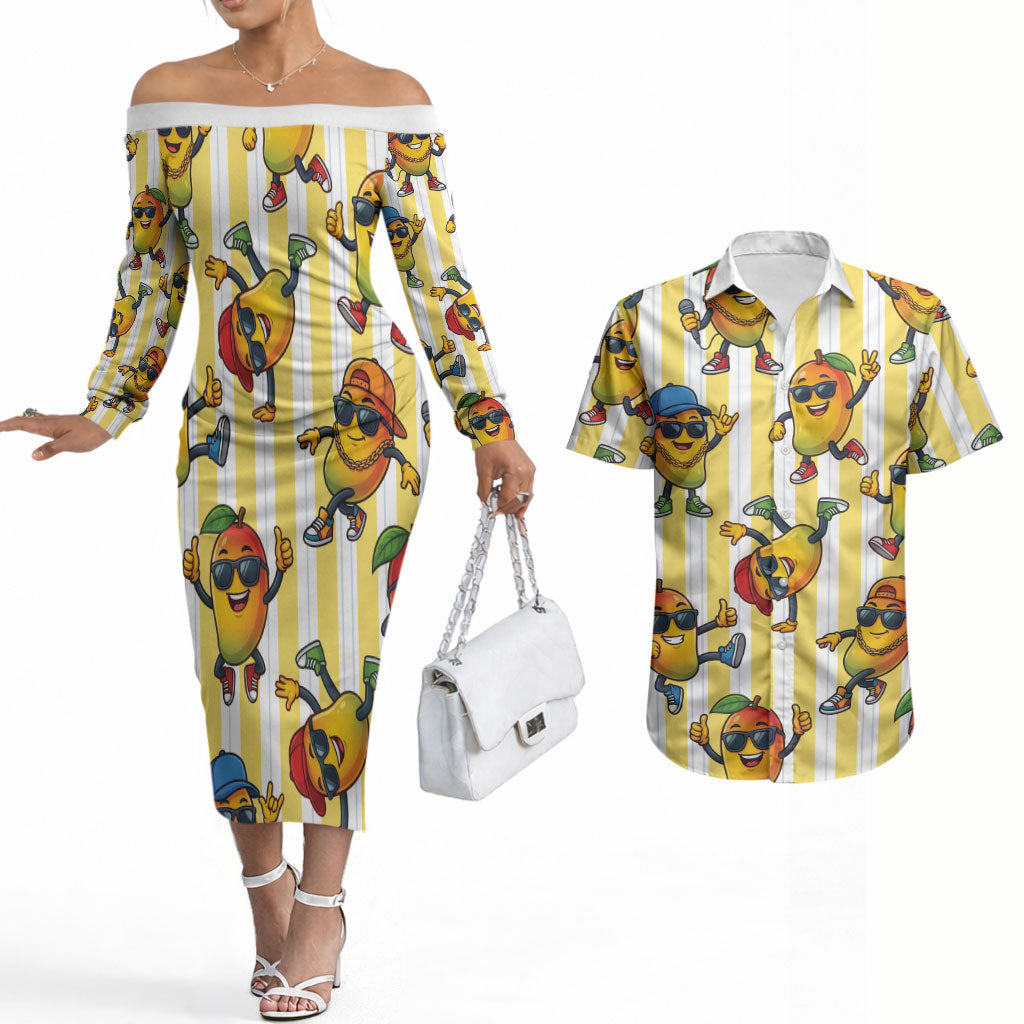 Funny Hawaii Mango Hip Hop Cartoon Couples Matching Off The Shoulder Long Sleeve Dress and Hawaiian Shirt Summer Beach Party