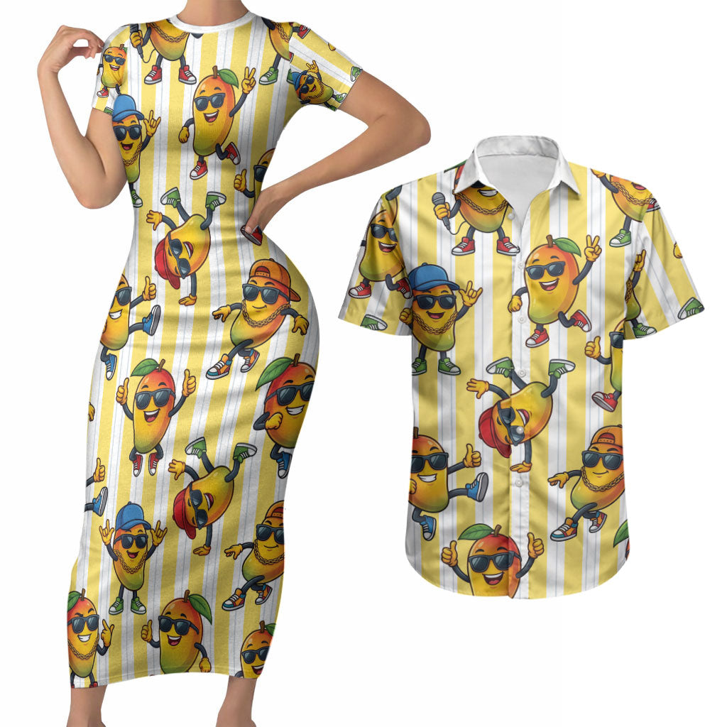 Funny Hawaii Mango Hip Hop Cartoon Couples Matching Short Sleeve Bodycon Dress and Hawaiian Shirt Summer Beach Party