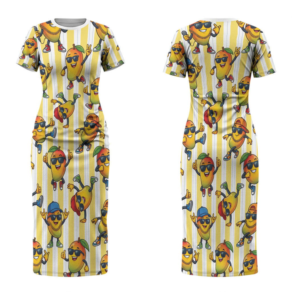 Funny Hawaii Mango Hip Hop Cartoon Couples Matching Short Sleeve Bodycon Dress and Hawaiian Shirt Summer Beach Party