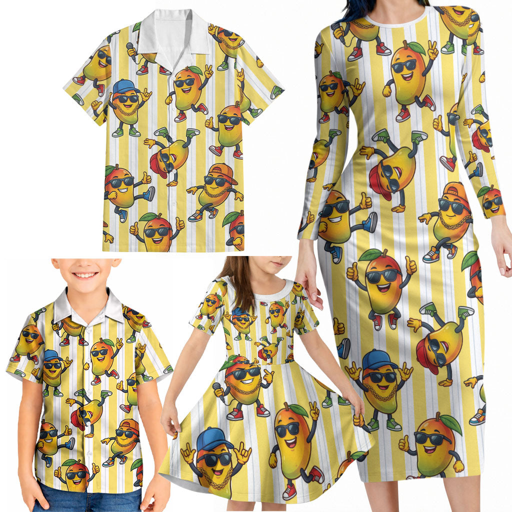 Funny Hawaii Mango Hip Hop Cartoon Family Matching Long Sleeve Bodycon Dress and Hawaiian Shirt Summer Beach Party