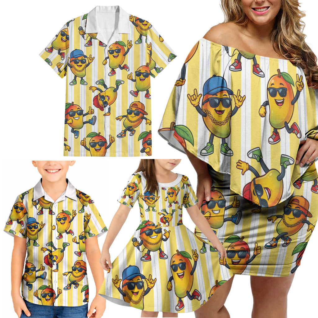 Funny Hawaii Mango Hip Hop Cartoon Family Matching Off Shoulder Short Dress and Hawaiian Shirt Summer Beach Party