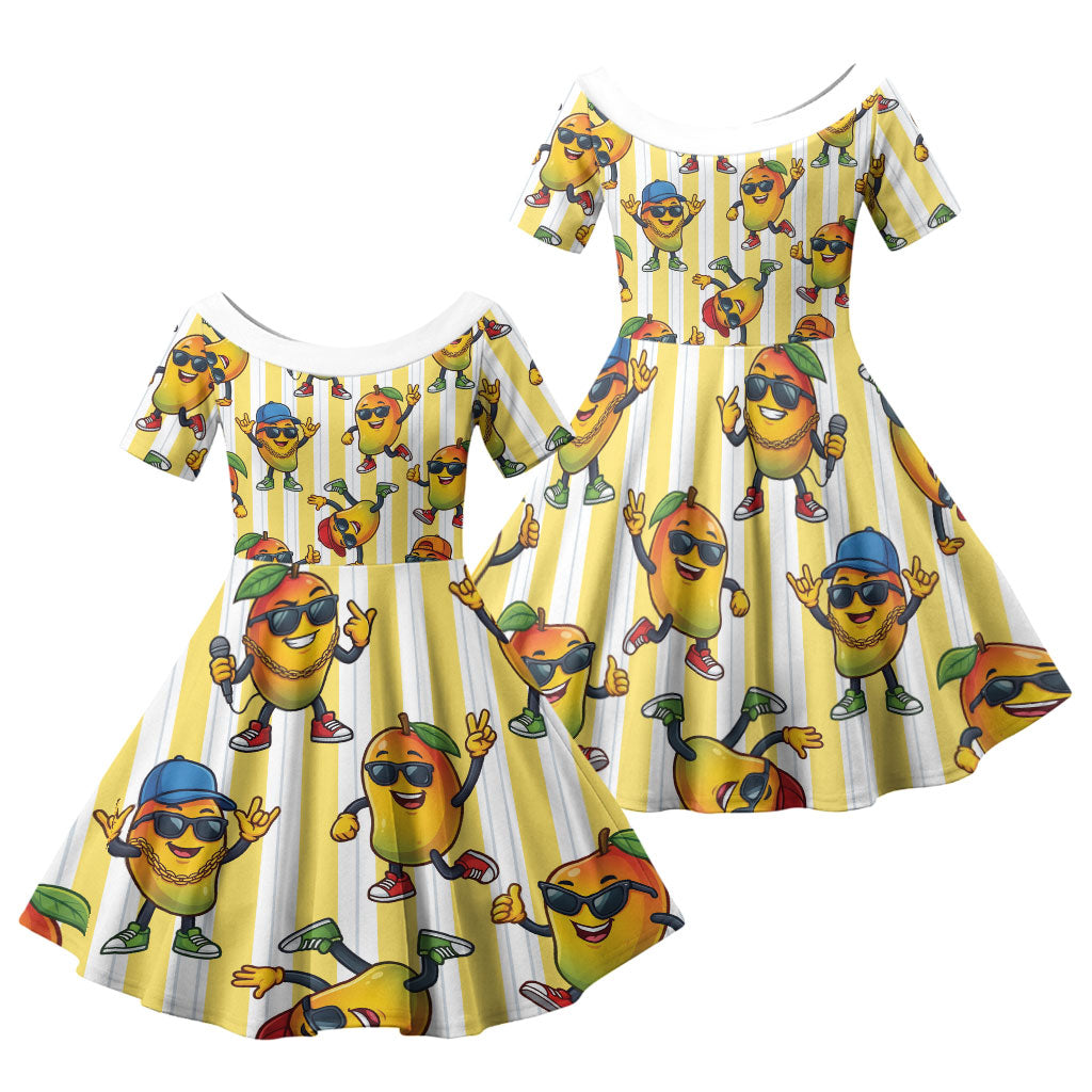 Funny Hawaii Mango Hip Hop Cartoon Family Matching Off Shoulder Short Dress and Hawaiian Shirt Summer Beach Party