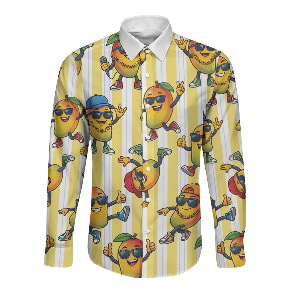 Funny Hawaii Mango Hip Hop Cartoon Long Sleeve Button Shirt Summer Beach Party LT19 Unisex Yellow - Polynesian Pride