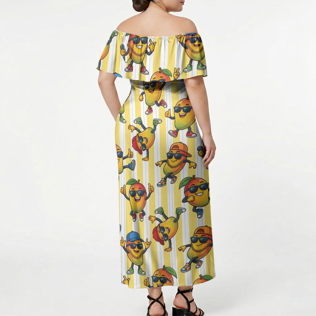 Funny Hawaii Mango Hip Hop Cartoon Off Shoulder Maxi Dress Summer Beach Party