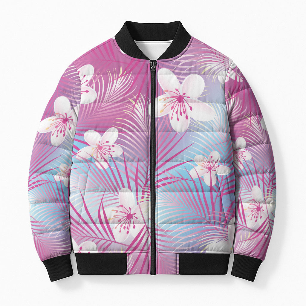 Pink Aloha Hawaiian Bomber Puffer Jacket Tropical Flower Palm Leaf Pattern LT19 Unisex Pink - Polynesian Pride