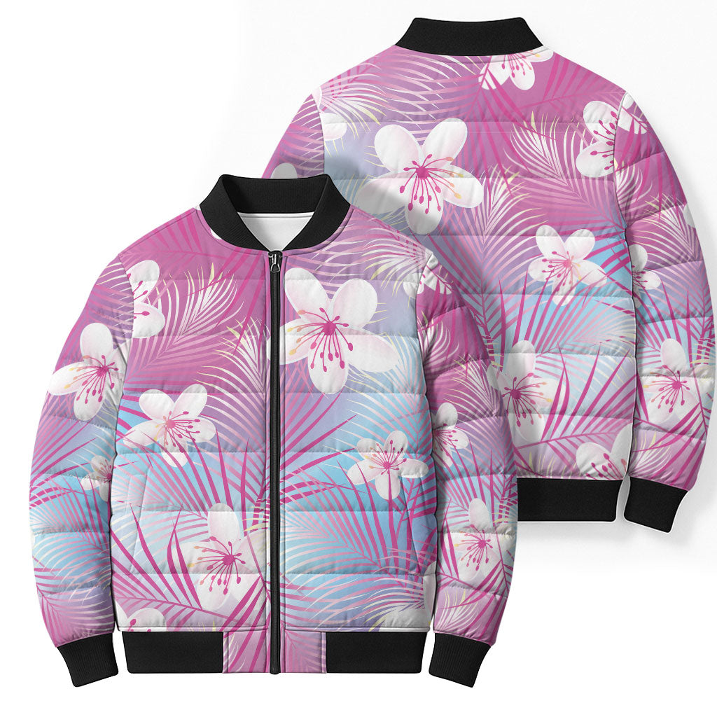 Pink Aloha Hawaiian Bomber Puffer Jacket Tropical Flower Palm Leaf Pattern LT19 - Polynesian Pride