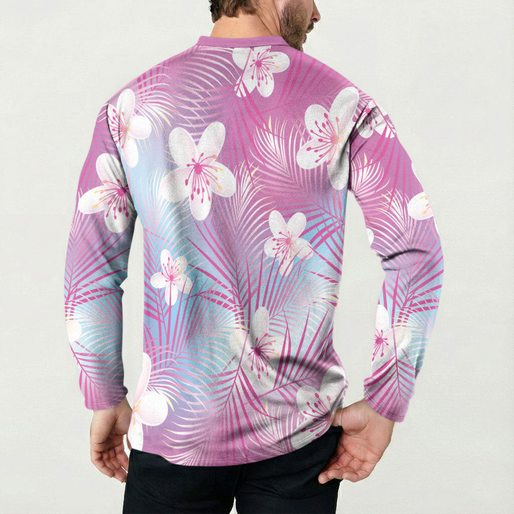 Pink Aloha Hawaiian Button Sweatshirt Tropical Flower Palm Leaf Pattern LT19 - Polynesian Pride