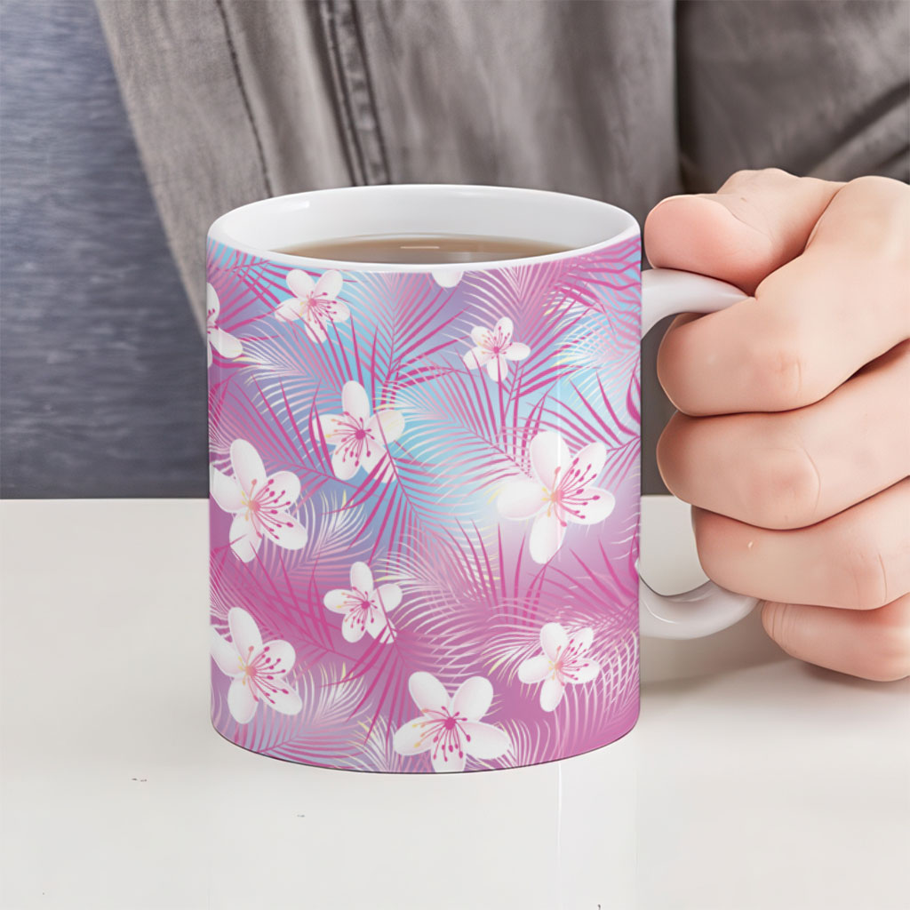 Pink Aloha Hawaiian Ceramic Mug Tropical Flower Palm Leaf Pattern LT19 - Polynesian Pride