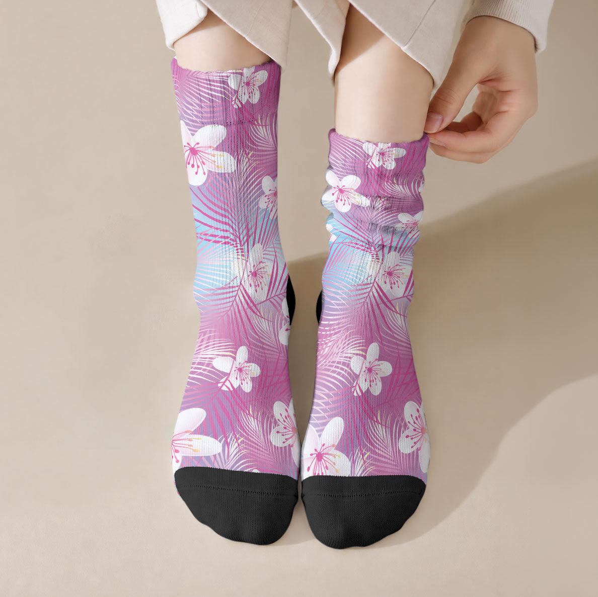 Pink Aloha Hawaiian Crew Socks Tropical Flower Palm Leaf Pattern LT19 Crew Socks Pink - Polynesian Pride