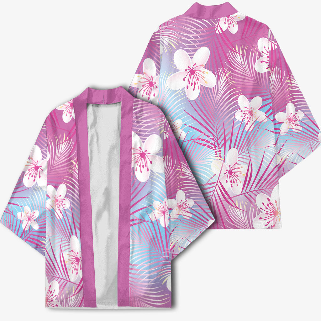 Pink Aloha Hawaiian Kimono Tropical Flower Palm Leaf Pattern LT19 - Polynesian Pride