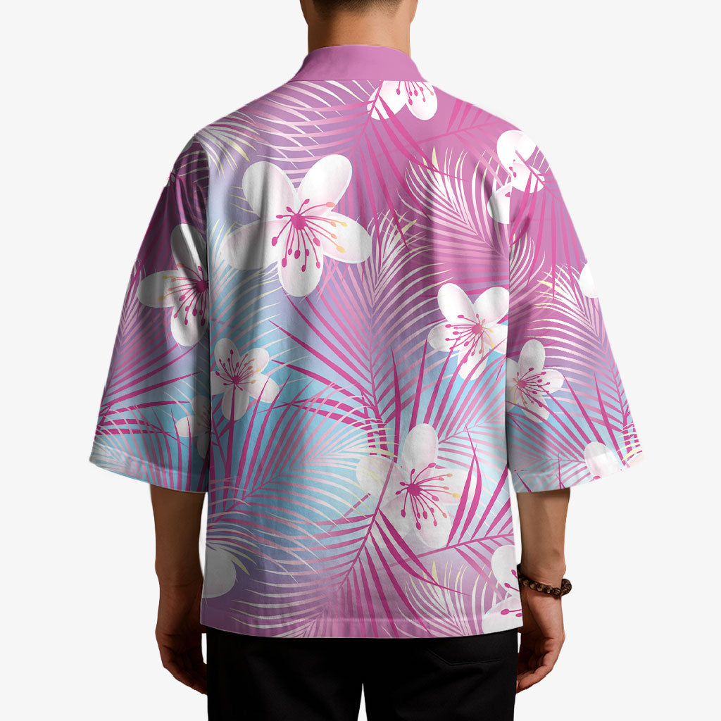Pink Aloha Hawaiian Kimono Tropical Flower Palm Leaf Pattern LT19 - Polynesian Pride