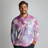 Pink Aloha Hawaiian Long Sleeve Polo Shirt Tropical Flower Palm Leaf Pattern LT19 - Polynesian Pride