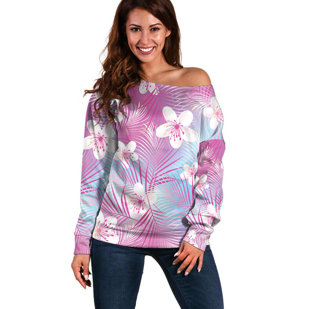 Pink Aloha Hawaiian Off Shoulder Sweater Tropical Flower Palm Leaf Pattern LT19 Women Pink - Polynesian Pride