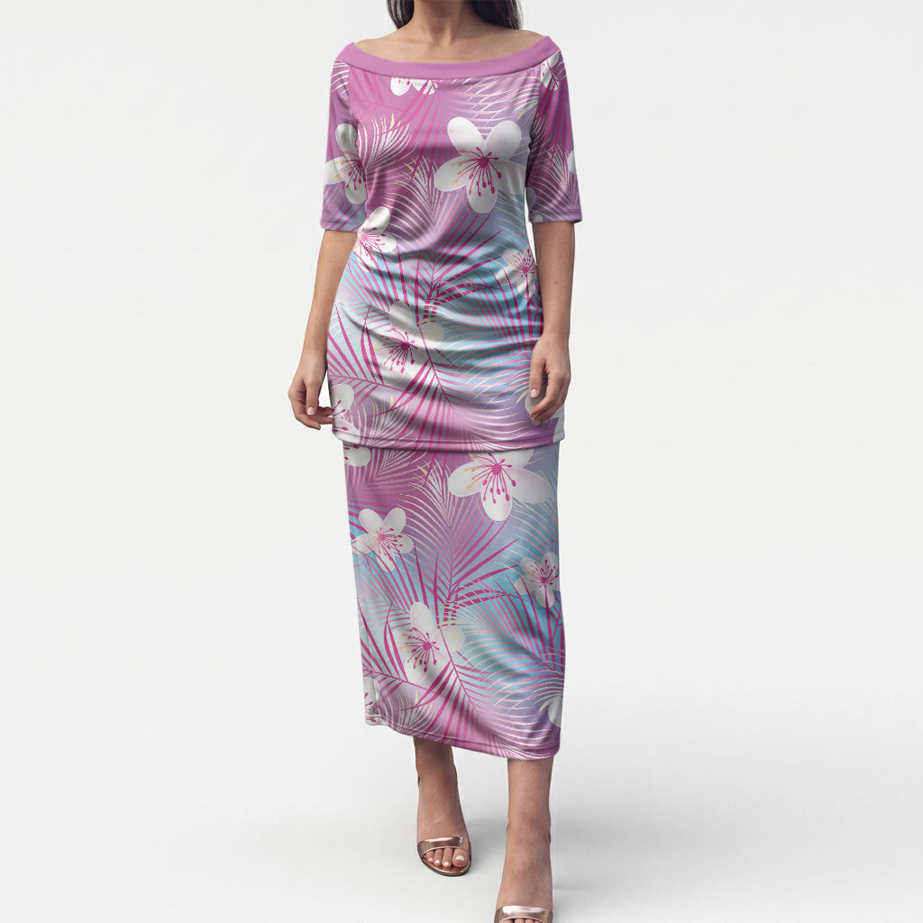 Pink Aloha Hawaiian Puletasi Tropical Flower Palm Leaf Pattern LT19 Long Dress Pink - Polynesian Pride
