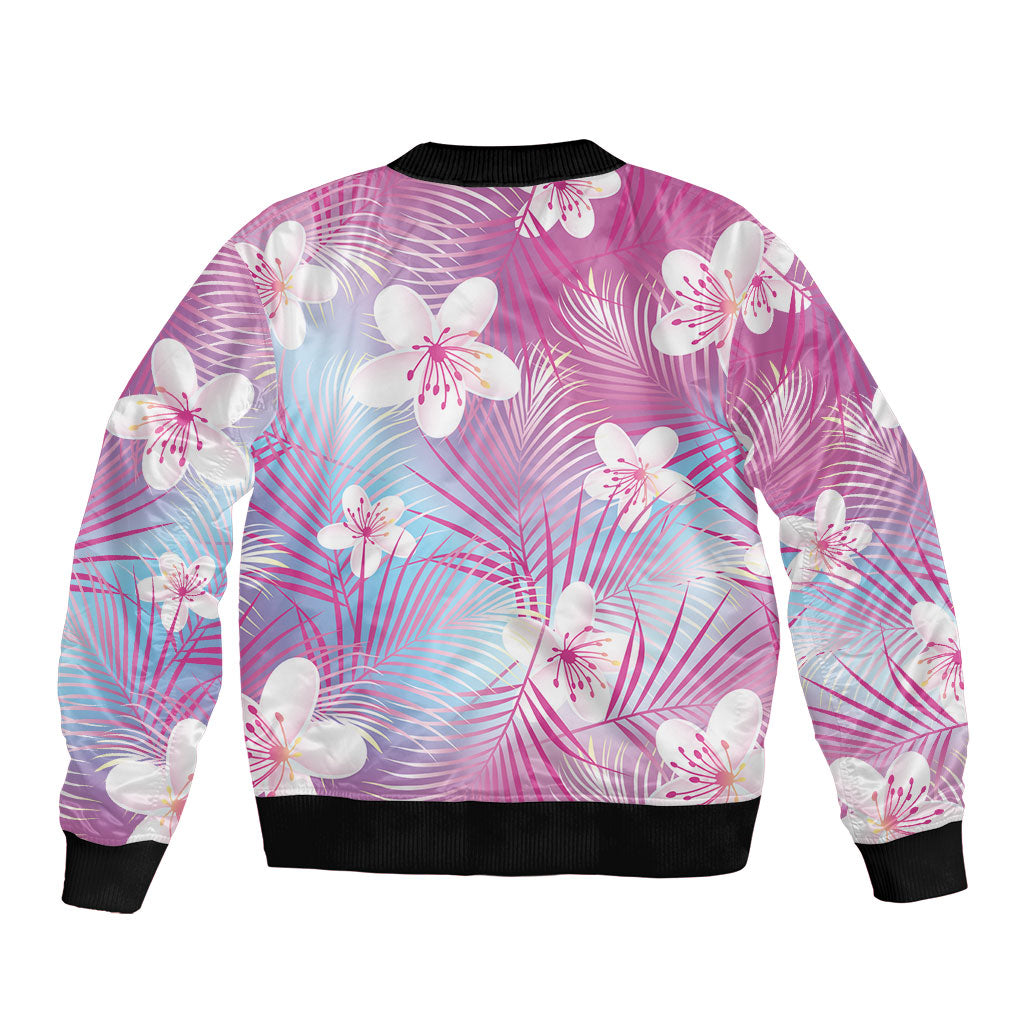 Pink Aloha Hawaiian Sleeve Zip Bomber Jacket Tropical Flower Palm Leaf Pattern LT19 - Polynesian Pride