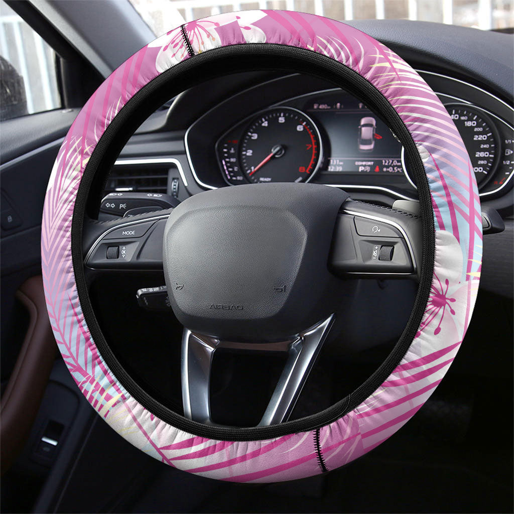Pink Aloha Hawaiian Steering Wheel Cover Tropical Flower Palm Leaf Pattern LT19 - Polynesian Pride