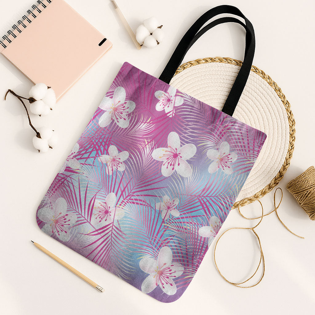 Pink Aloha Hawaiian Tote Bag Tropical Flower Palm Leaf Pattern LT19 Black Strap One Size Pink - Polynesian Pride