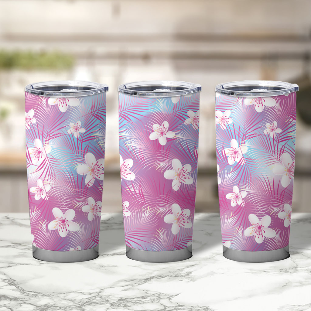 Pink Aloha Hawaiian Tumbler Cup Tropical Flower Palm Leaf Pattern LT19 - Polynesian Pride