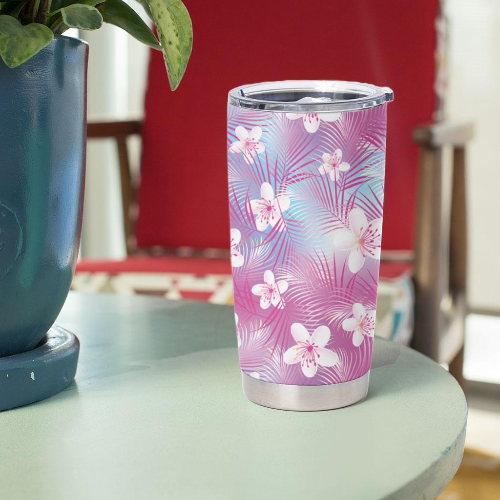 Pink Aloha Hawaiian Tumbler Cup Tropical Flower Palm Leaf Pattern LT19 - Polynesian Pride