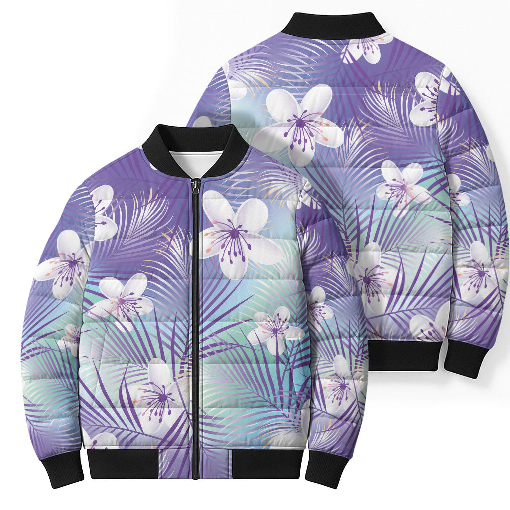Purple Aloha Hawaiian Bomber Puffer Jacket Tropical Flower Palm Leaf Pattern LT19 - Polynesian Pride