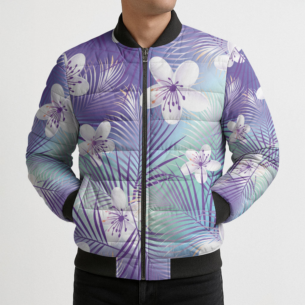 Purple Aloha Hawaiian Bomber Puffer Jacket Tropical Flower Palm Leaf Pattern LT19 - Polynesian Pride