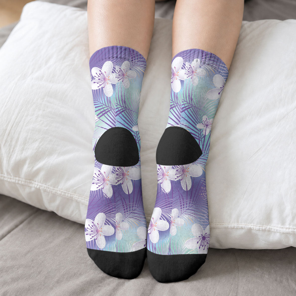 Purple Aloha Hawaiian Crew Socks Tropical Flower Palm Leaf Pattern LT19 - Polynesian Pride