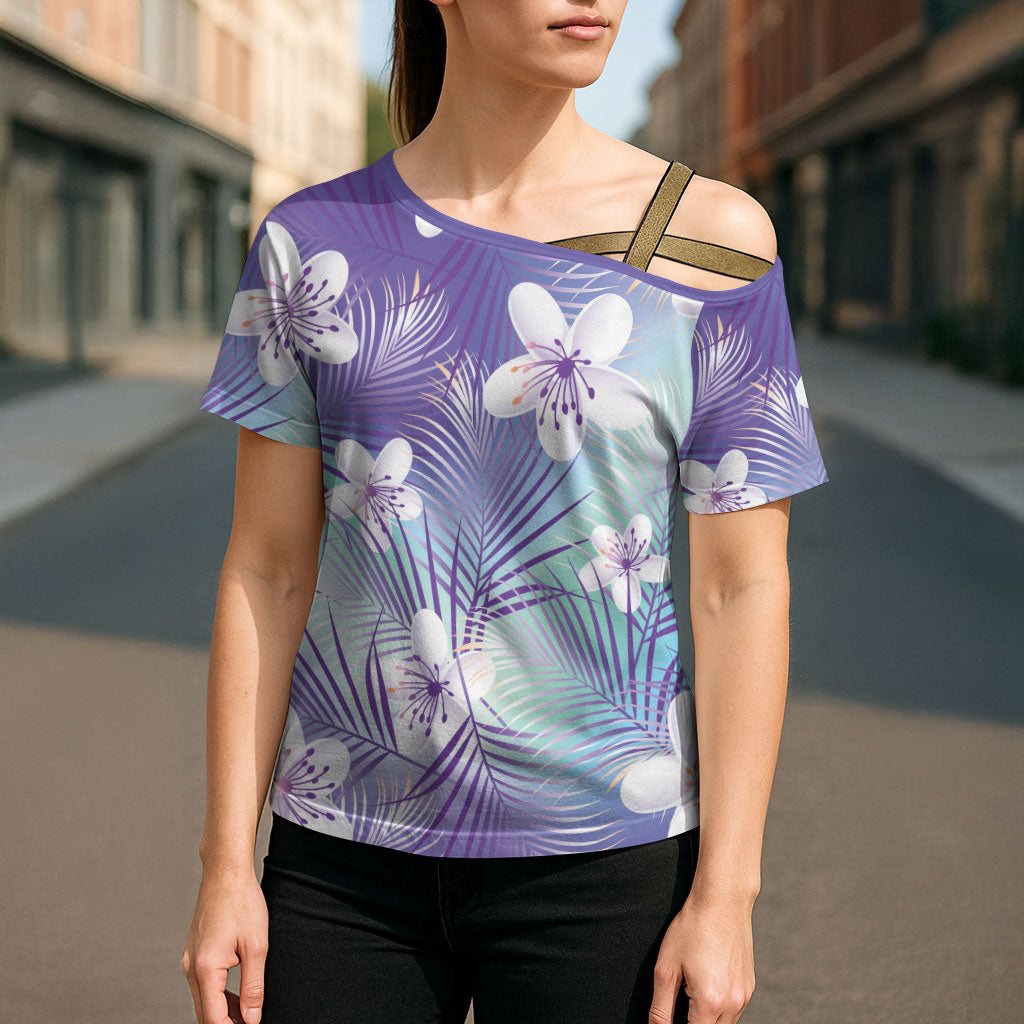 Purple Aloha Hawaiian Cross Shoulder Shirt Tropical Flower Palm Leaf Pattern LT19 - Polynesian Pride