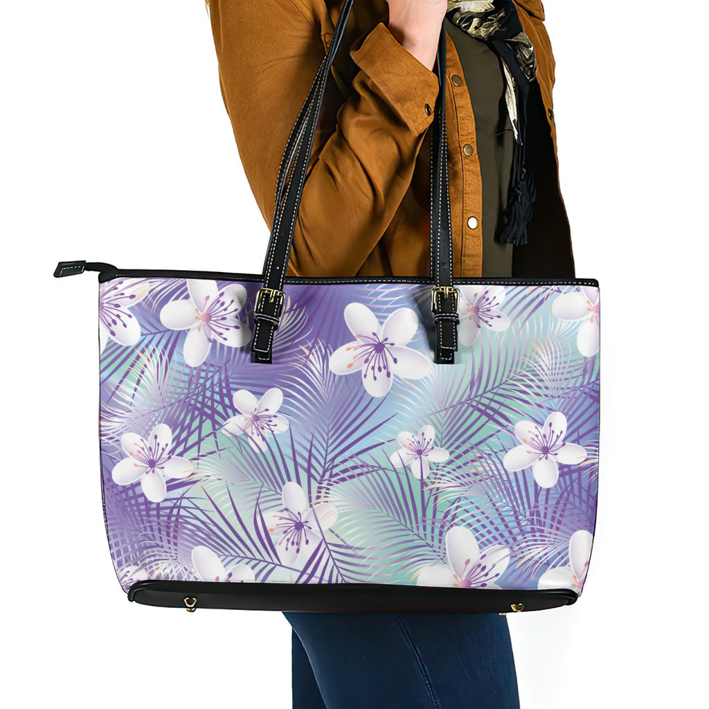 Purple Aloha Hawaiian Leather Tote Bag Tropical Flower Palm Leaf Pattern LT19 - Polynesian Pride
