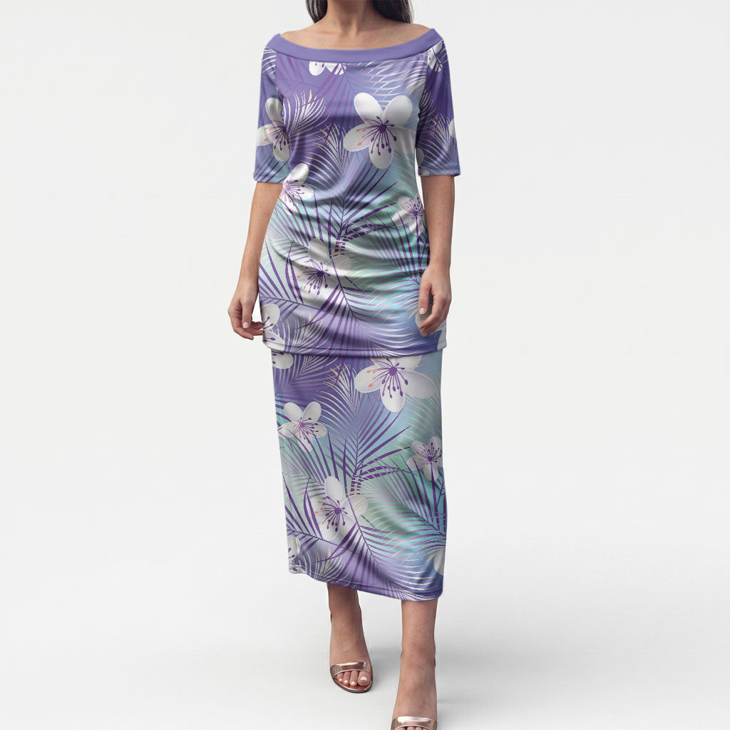 Purple Aloha Hawaiian Puletasi Tropical Flower Palm Leaf Pattern LT19 Long Dress Purple - Polynesian Pride