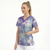 Purple Aloha Hawaiian Scrub Top Tropical Flower Palm Leaf Pattern LT19 - Polynesian Pride