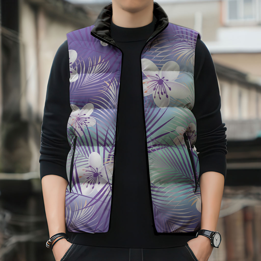 Purple Aloha Hawaiian Sleeveless Puffer Jacket Tropical Flower Palm Leaf Pattern LT19 - Polynesian Pride