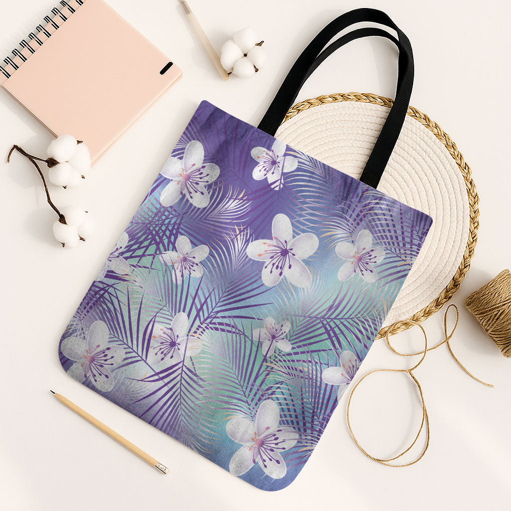 Purple Aloha Hawaiian Tote Bag Tropical Flower Palm Leaf Pattern LT19 Black Strap One Size Purple - Polynesian Pride