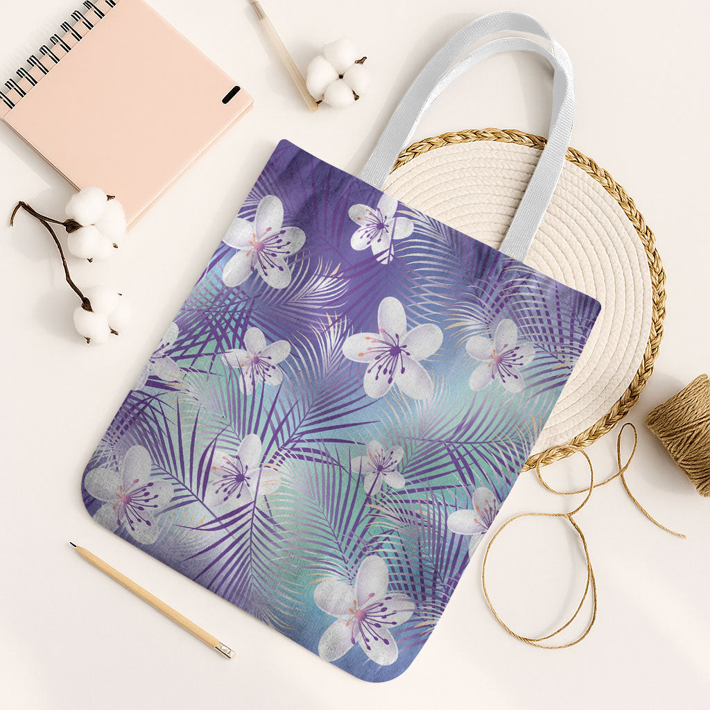Purple Aloha Hawaiian Tote Bag Tropical Flower Palm Leaf Pattern LT19 White Strap One Size Purple - Polynesian Pride