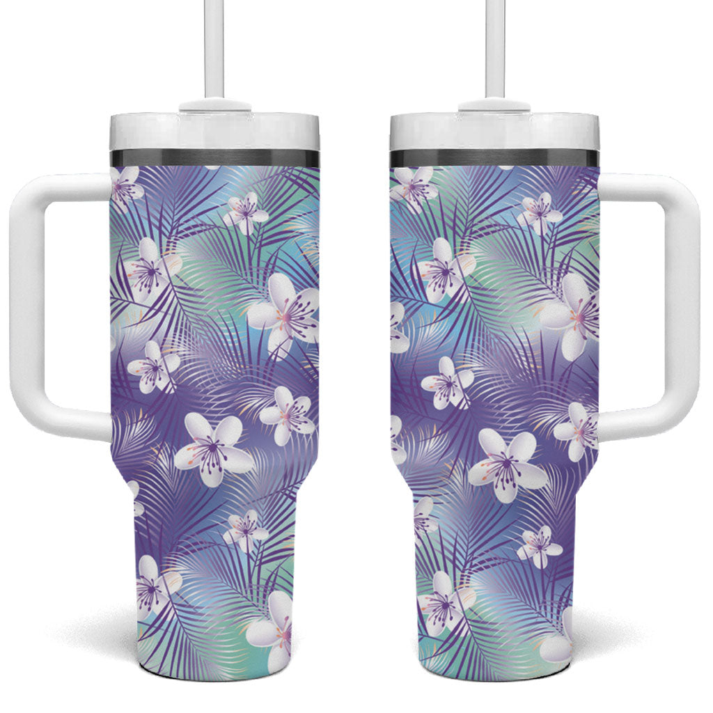 Purple Aloha Hawaiian Tumbler With Handle Tropical Flower Palm Leaf Pattern LT19 One Size: 40 oz Purple - Polynesian Pride