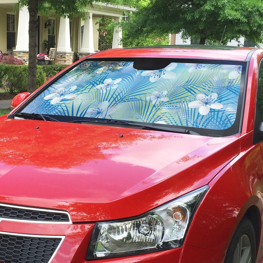 Blue Aloha Hawaiian Auto Sun Shade Tropical Flower Palm Leaf Pattern LT19 - Polynesian Pride