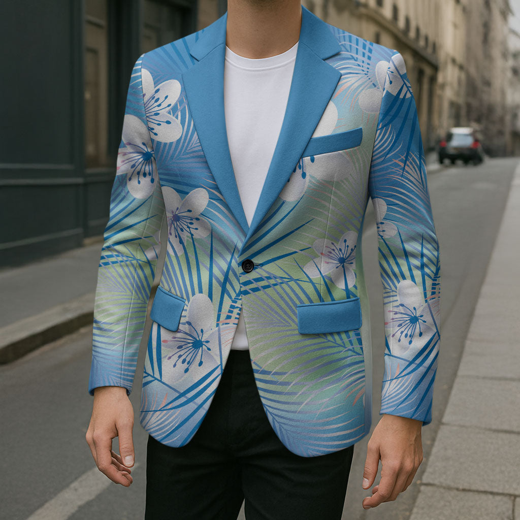 Blue Aloha Hawaiian Blazer Tropical Flower Palm Leaf Pattern LT19 - Polynesian Pride