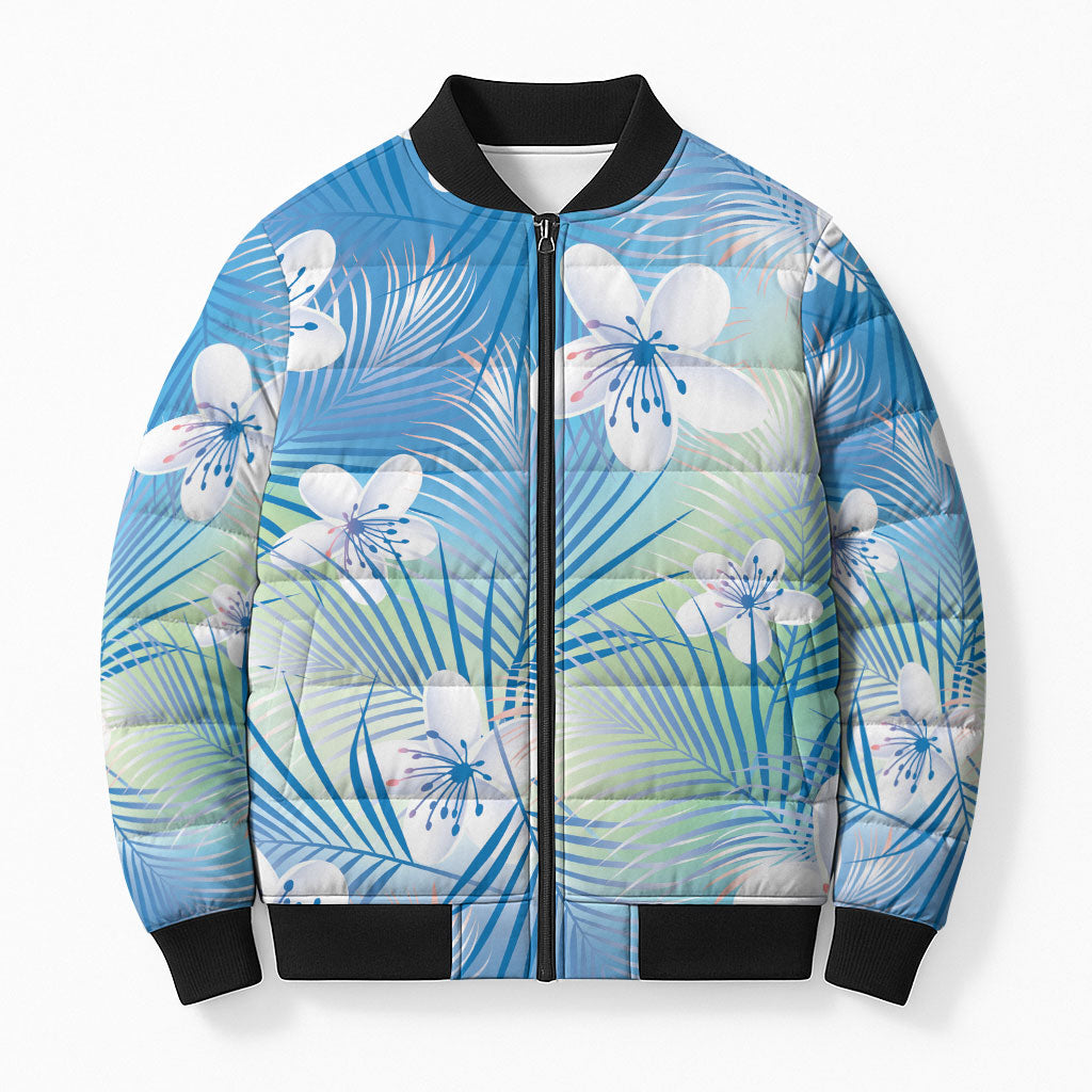 Blue Aloha Hawaiian Bomber Puffer Jacket Tropical Flower Palm Leaf Pattern LT19 Unisex Blue - Polynesian Pride