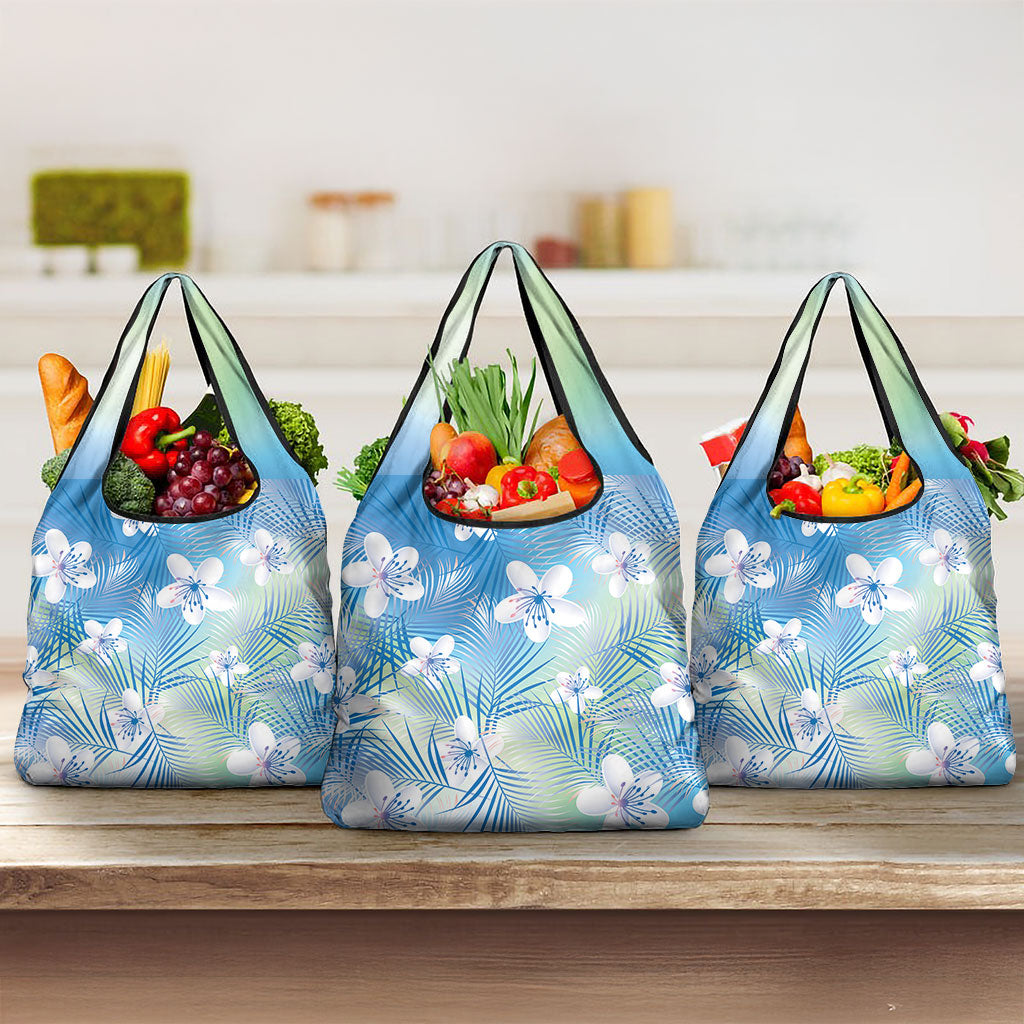 Blue Aloha Hawaiian Grocery Bag Tropical Flower Palm Leaf Pattern LT19 3-pack One Size Blue - Polynesian Pride