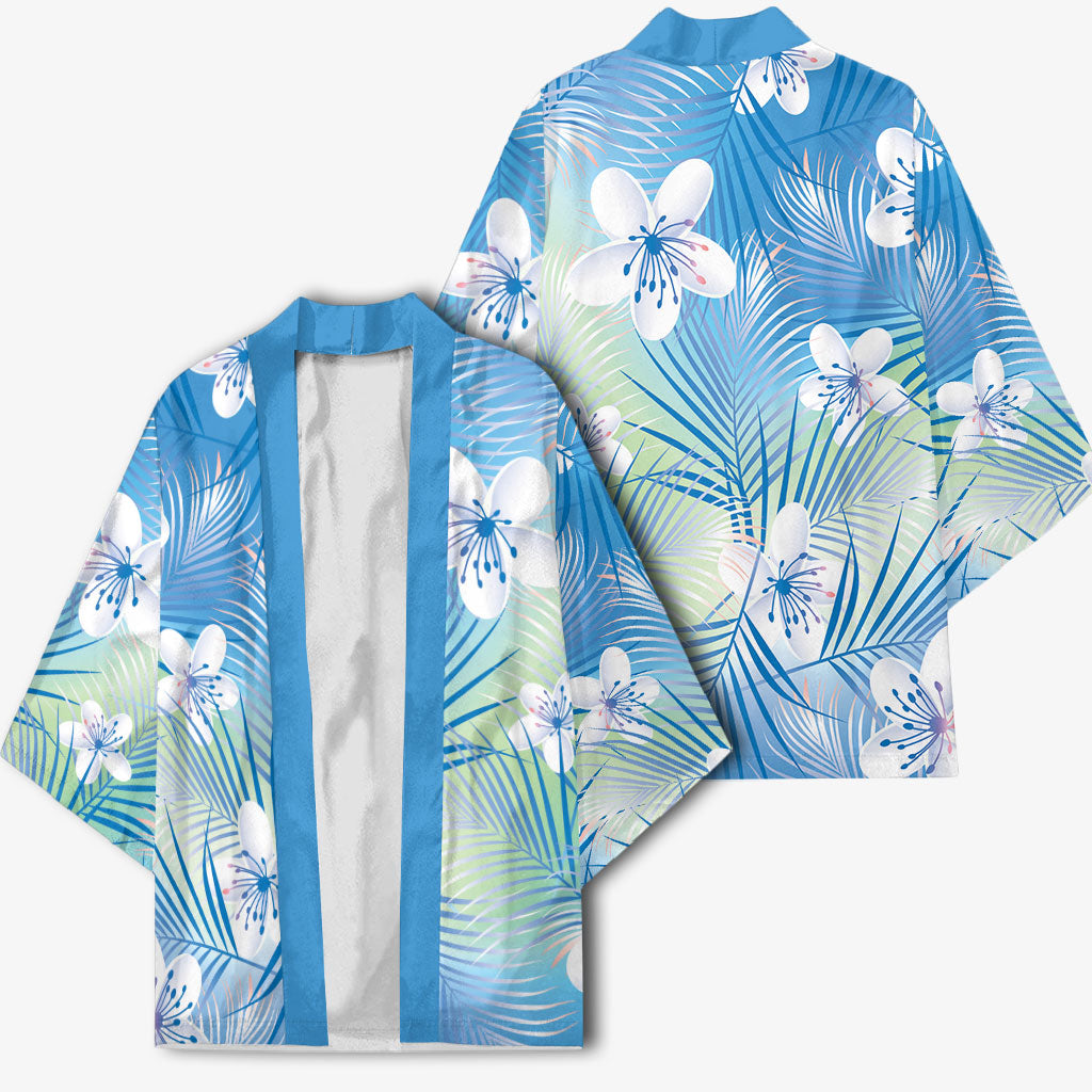 Blue Aloha Hawaiian Kimono Tropical Flower Palm Leaf Pattern LT19 - Polynesian Pride