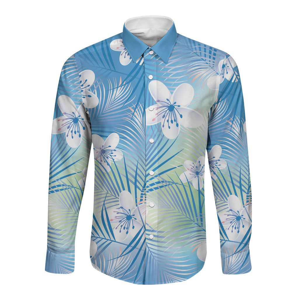 Blue Aloha Hawaiian Long Sleeve Button Shirt Tropical Flower Palm Leaf Pattern LT19 Unisex Blue - Polynesian Pride