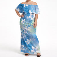 Blue Aloha Hawaiian Off Shoulder Maxi Dress Tropical Flower Palm Leaf Pattern LT19 Women Blue - Polynesian Pride