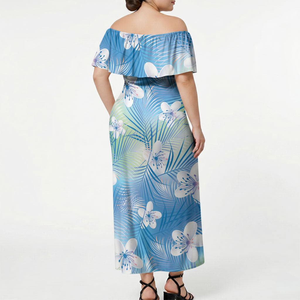 Blue Aloha Hawaiian Off Shoulder Maxi Dress Tropical Flower Palm Leaf Pattern LT19 - Polynesian Pride