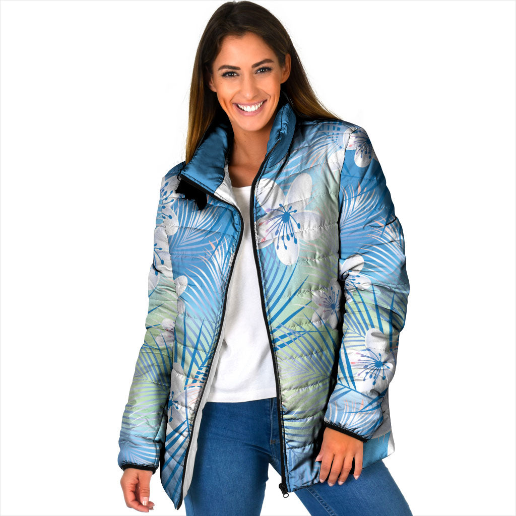 Blue Aloha Hawaiian Padded Jacket Tropical Flower Palm Leaf Pattern LT19 Women Blue - Polynesian Pride