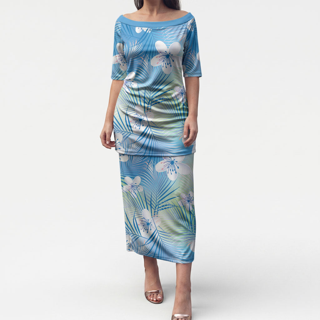 Blue Aloha Hawaiian Puletasi Tropical Flower Palm Leaf Pattern LT19 Long Dress Blue - Polynesian Pride