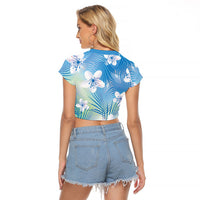 Blue Aloha Hawaiian Raglan Cropped T Shirt Tropical Flower Palm Leaf Pattern LT19 - Polynesian Pride