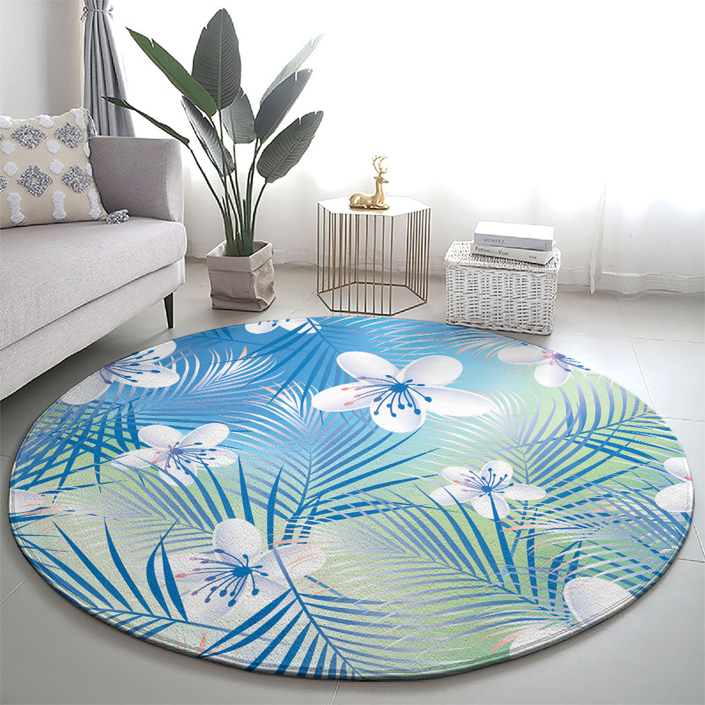 Blue Aloha Hawaiian Round Carpet Tropical Flower Palm Leaf Pattern LT19 - Polynesian Pride